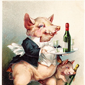 Two pigs carrying in drinks on a French New Year postcard