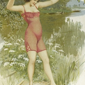 Young girl in underwear poses by the river