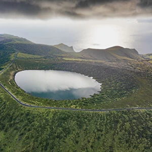 Aerial shot of Caldeira Rasa in Flores island, Azores islands, Portugal, Atlantic, Europe