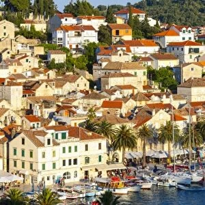 Elevated view over the picturesque harbour town of Hvar, Hvar, Dalmatia, Croatia, Europe