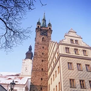 Gothic Black Tower dating from 1557 and rear of Renaissance Town Hall with neo-Renaissance facade by architect Josef Fanta from 1925, Klatovy, Plzensko, Czech