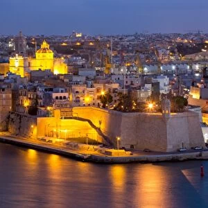 Night view of Senglea, one of the Three Cities, and the Grand Harbour in Valletta