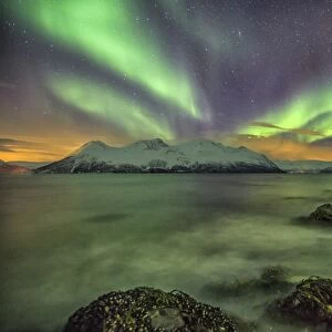 Northern Lights on the icy sea of Svensby, Lyngen Alps, Troms, Lapland, Norway, Scandinavia