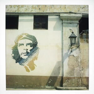 Polaroid of mural of Che Guevara painted on wall, Havana, Cuba, West Indies