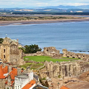St. Andrews Castle and West Sands from St. Rules Tower at St. Andrews Cathedral, St. Andrews, Fife, Scotland, United Kingdom, Europe