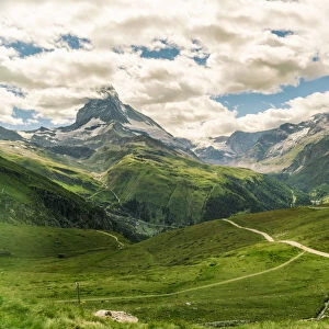 View from Gornegrat in the Alps towards the Matterhorn in summer, Swiss Alps, Switzerland