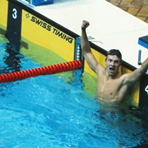 Vladimir Salnikov celebrates after becoming the first man to break the fifteen minute barrier in the 1500-meter freestyle at the 1980 Moscow Olympics