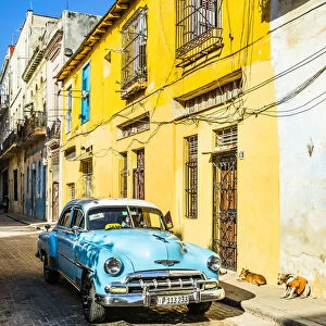 Classic car in a narrow street in La Habana Vieja (Old Town), Havana, Cuba