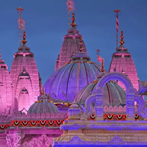 England, London, Neasden, Shri Swaminarayan Mandir Temple illuminated for Hindu Festival