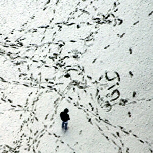 A MAN WALKS AMONG FOOTPRINTS IN THE SNOW COVERED OLYMPIC PARK IN MUNICH