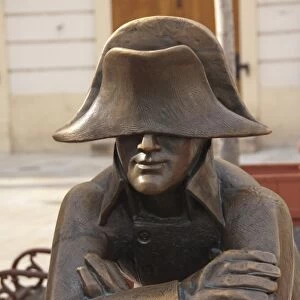 Slovakia, Bratislava. Historic downtown Main Square. Bronze Napoleon statue