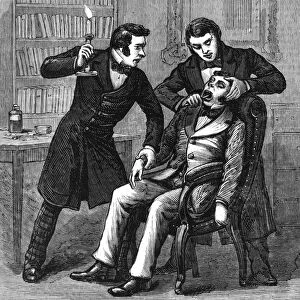 (1819-1868). American dentist. Dr. Morton successfully performing a tooth extraction under ether anesthetic, 30 September 1846, in Boston, Massachusetts. Wood engraving, 19th century