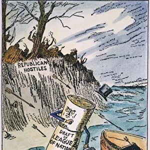 1919: contemporary cartoon by Nelson Harding depicting President Wilsons cherished League of Nations met by Republican hostilities upon reaching American shores