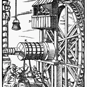 AGRICOLA: WATERWHEEL, 1556. A woodcut from Georgius Agricolas De Re Metallica