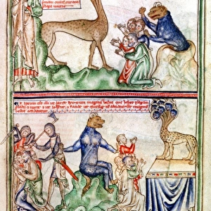 APOCALYPSE. Worship of the Beast (Rev. 13: 4-15): English ms. illumination, c. 1250
