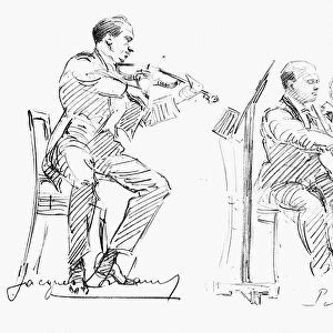 CHAMBER MUSICIANS, c1935. Jacques Thibaud, Pablo Casals, and Alfred Cortot. Pencil drawing, c1935, by Hilda Wiener