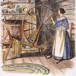 COLONIAL SPINNER, 18th C. Spinning at the hearth of a colonial American home. Illustration by C