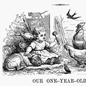 GIRL WITH BIRDS, 1873. A one year old girl in the family farmyard. Wood engraving, American, 1873