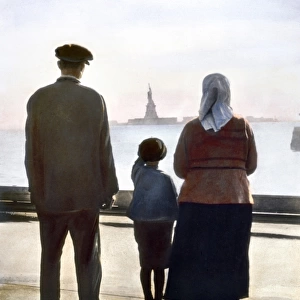 IMMIGRANTS: ELLIS ISLAND. Immigrants to the United States at Ellis Island. Oil over a photograph, c1920
