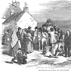 IRISH IMMIGRANTS, 1851. Irish emigrants leaving home for America receiving the priests blessing. Wood engraving from an English newspaper of 1851