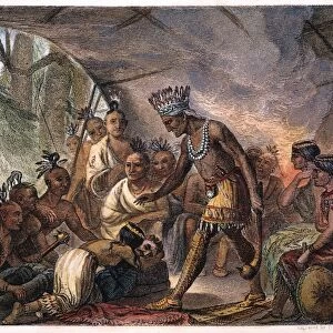 POCAHONTAS, 17th CENTURY. The 12-year-old Pocahontas pleads with her father, Powhatan, for the life of Captain John Smith: 19th century engraving