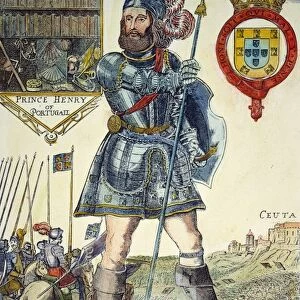 PRINCE HENRY THE NAVIGATOR at the conquest of Ceuta in 1415: colored engraving, 16th century