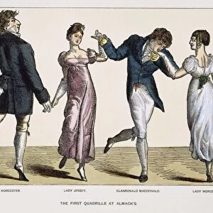 QUADRILLE, 1820. The Marquis of Worcester, Lady Jersey, Clanronald MacDonald and Lady Worcester dancing the first quadrille at Almacks Club, 1820. Wood engraving, English, 19th century
