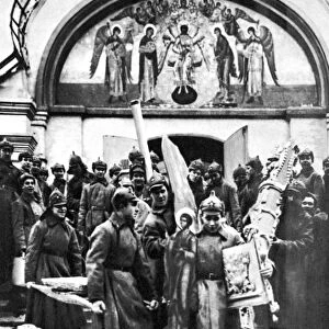 SOVIET ANTI-RELIGION POLICY. Red Army soldiers looting a convent, c1920