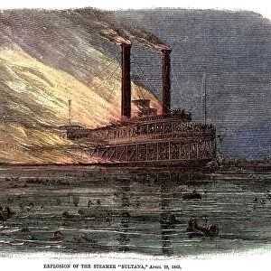 SULTANA EXPLOSION, 1865. The explosion of the paddle steamer Sultana on the Mississippi River, 28 April 1865. Contemporary wood engraving