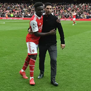 Arsenal Manager Mikel Arteta Celebrates with Bukayo Saka after Arsenal's Victory over Crystal Palace (2022-23)