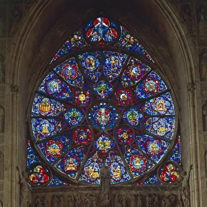 France, Champagne-Ardenne Region, Marne Department, Reims, Cathedral of Notre-Dame detail of tympanum window above central portal