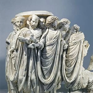 Marble fragment of Acilia sarcophagus depicting Roman Senate during procession on occasion of appointment of a consul, 270 a. d