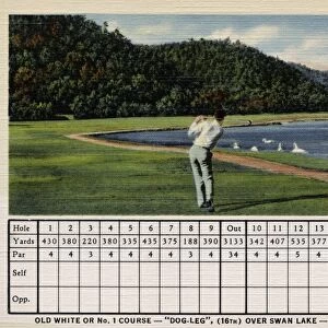 Scorecard and Golfers at Swan Lake. ca. 1937, White Sulphur Springs, West Virginia, USA, OLD WHITE OR No. 1 COURSE- DOG-LEG, (16TH) OVER SWAN LAKE-WHITE SULPHUR SPRINGS, W. VA. THE GREENBRIER GOLF CLUB OF The Greenbrier Hotel WHITE SULPHUR SPRINGS, WEST VIRGINIAjamaintains three superb golf courses -- two of 18 holes and one of 9 holes -- 2000 feet high in a cool upland valley of the Alleghany Mountains. The first tee and last hole of all courses adjoin the Casino-Clubhouse which is the popular luncheon rendezvous. The Casino itself is only a five minute walk from the Hotel. Major tournaments are held annually