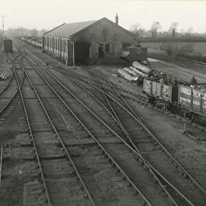 Mildenhall, view west from signal near the station signal box with goods shed in the background