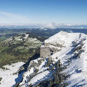 The 1751m high, snow-capped Kamor mountain in the Appenzell Alps, canton of Appenzell Innerrhoden, Switzerland, Europe