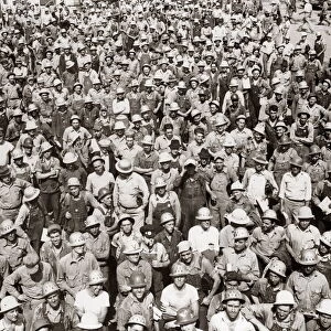 Aerial Of Large Group Of Men Tva Construction Workers Wearing Hard Hats