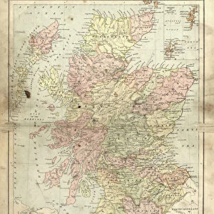 Antique damaged map of Scotland in the 19th Century