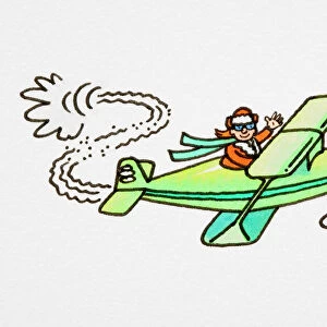 Cartoon, pilot flying green open-topped aeroplane among clouds and waving, his scarf rustling in wind, side view