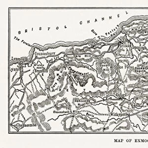 Map of Exmoor, England Victorian Engraving, 1840