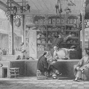 Cap Vendors Shop, Canton, from China in a Series of Views by George Newenham Wright