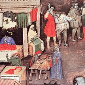 Cloth merchants in a market, from the manuscript Statuto delle Corporazione dei Mercanti (vellum)