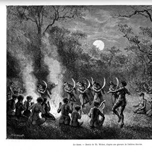 The dance of boomerang around fire among the Aboriginal people of Australia - in "