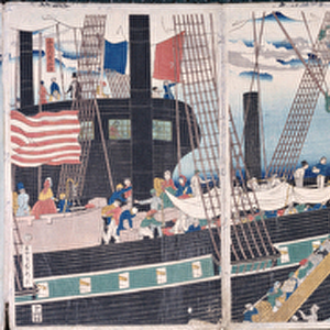 Foreign Ships at Yokohama (colour woodblock print)