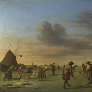 Golfers on the Ice near Haarlem, 1668 (oil on wood)