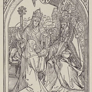 Hrotsvitha of Gandersheim, 10th Century German canoness, dramatist and poet, presenting her book, Gesta Ottonis, to the Emperor Otto II, watched by his niece, Gerberga II, Abbess of Gandersheim Abbey (litho)