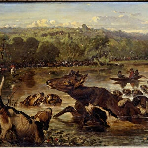 Hunting: "L hallali du deer aux ponds de Comelles"Painting by Louis Godefroy Jadin (1805-1882) 19th century Sun. 0, 82x0, 5 m Chantilly, Musee Conde