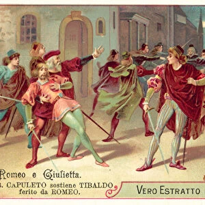 Lord Capulet supports his dying son Tybalt after he was wounded by Romeo (chromolitho)