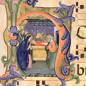 Ms 571 f. 6r Historiated initial H depicting the Nativity from an antiphon