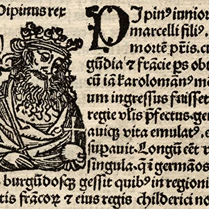 Detail from original incunable leaf, depicting Pepin I (803-38) pre 1500 (litho)