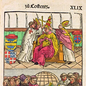 Pope Martin V is installed to the Papacy at the Council of Constance, from Chronik